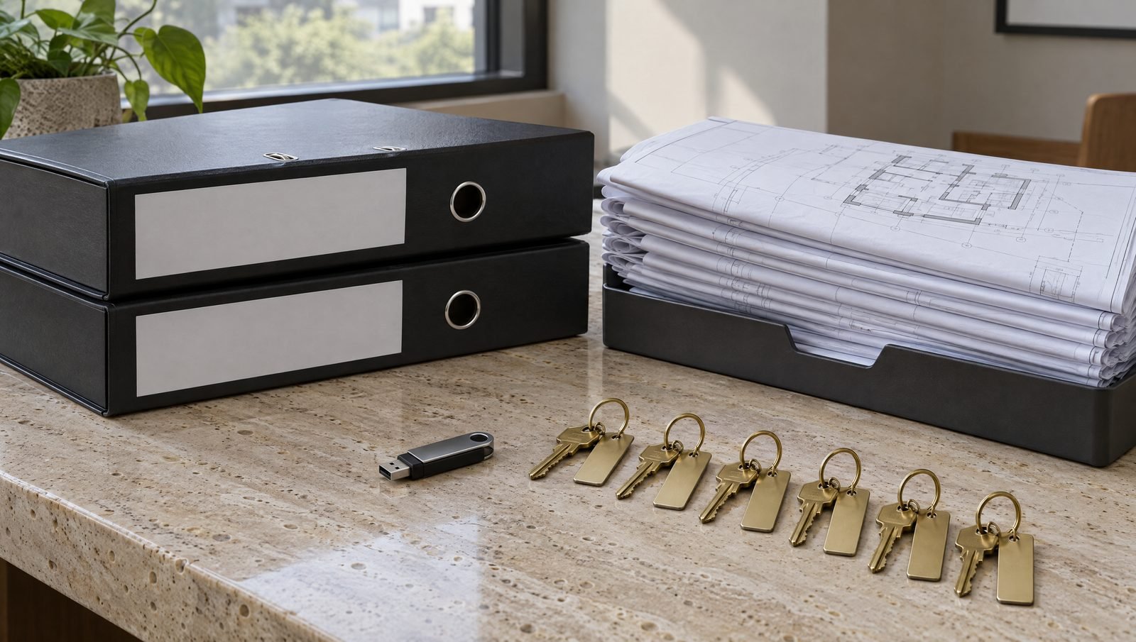 A handover file on a travertine table: binders, as-built drawings and labelled brass keys