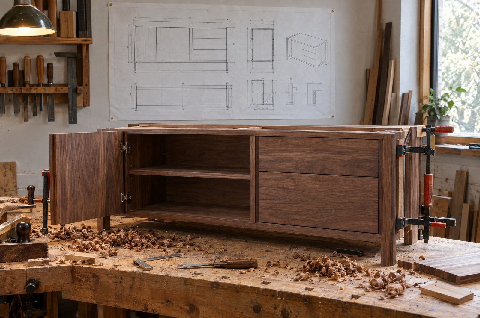 A shop drawing pinned above a joinery bench with the same walnut cabinet half assembled below