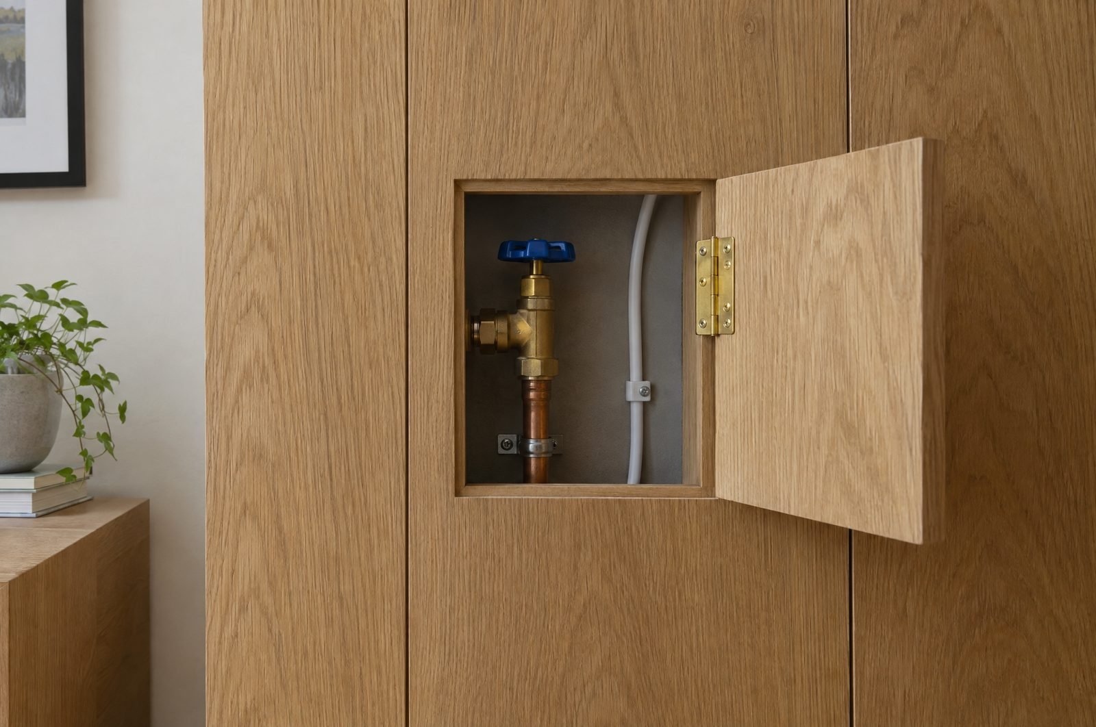 An access panel open in oak wall cladding, showing a labelled valve behind it