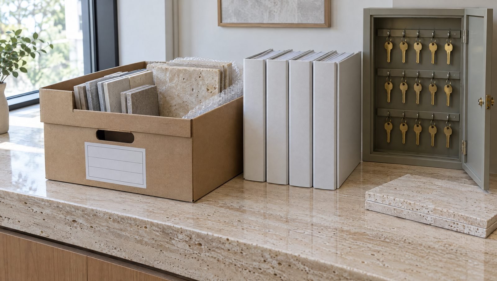 A handover set on a travertine counter: a box of spare tiles and stone, maintenance manuals and a key cabinet