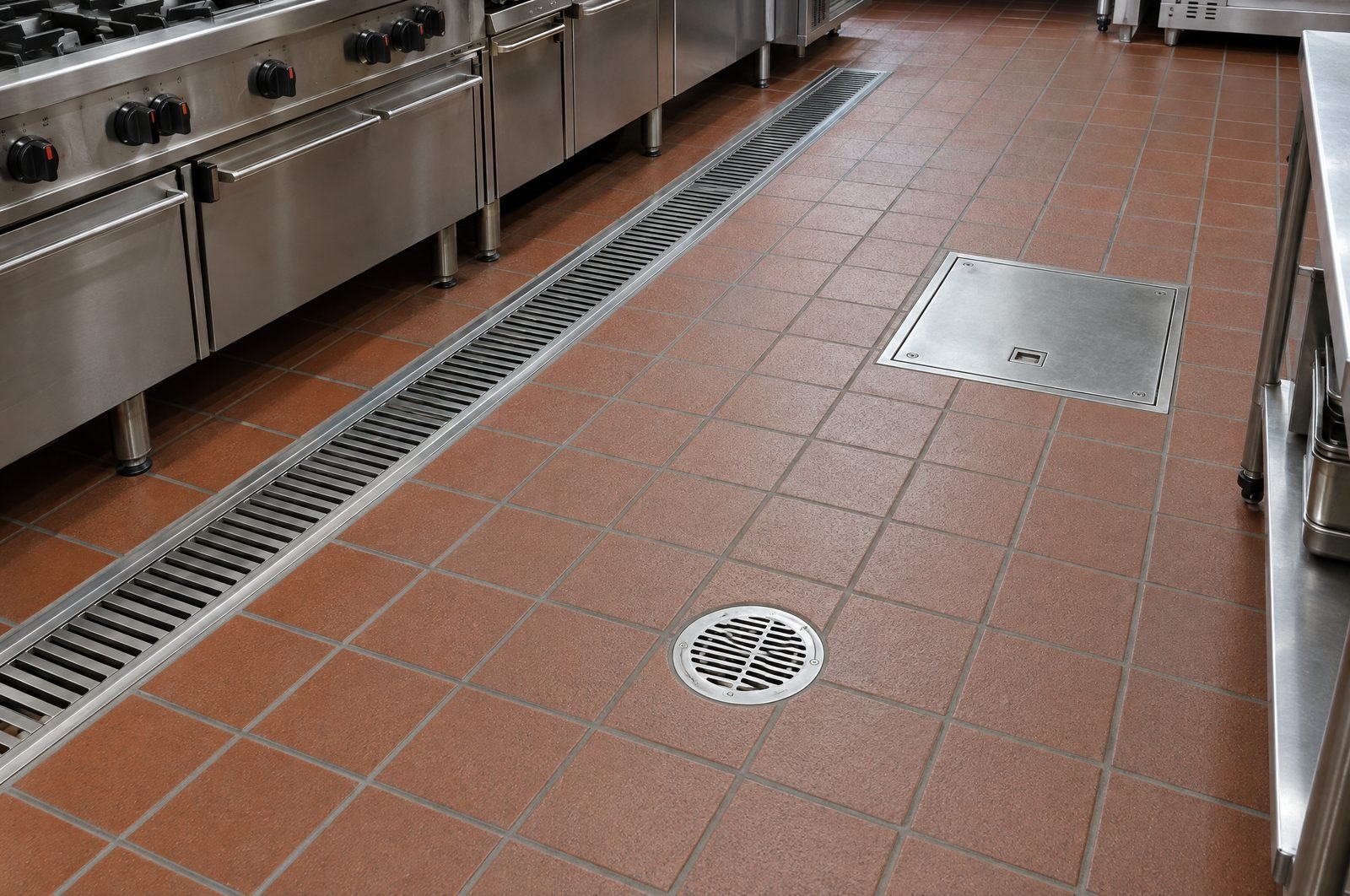 A kitchen floor with a stainless slot drain, a floor drain and a grease-trap access cover