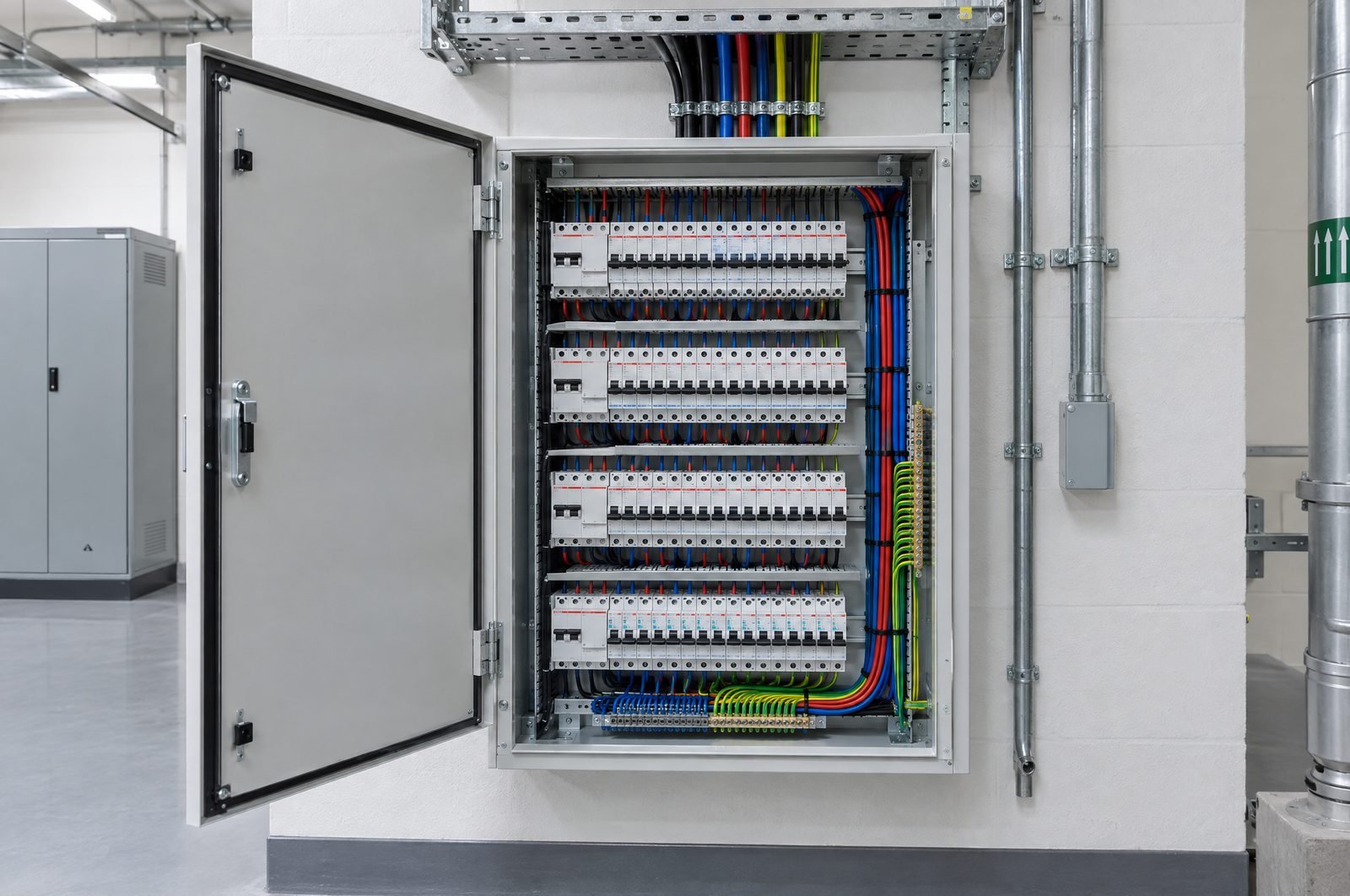 An electrical distribution board open, with rows of breakers and neatly dressed wiring