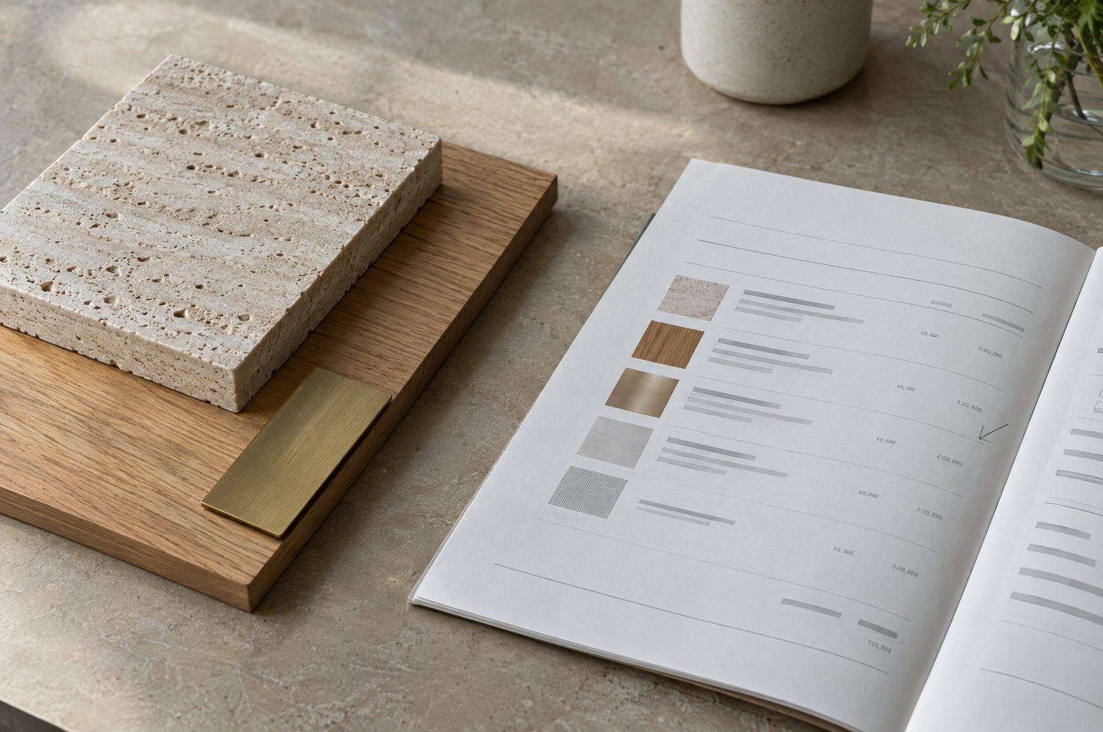 A sample board of travertine, oak and brass beside an open priced quotation