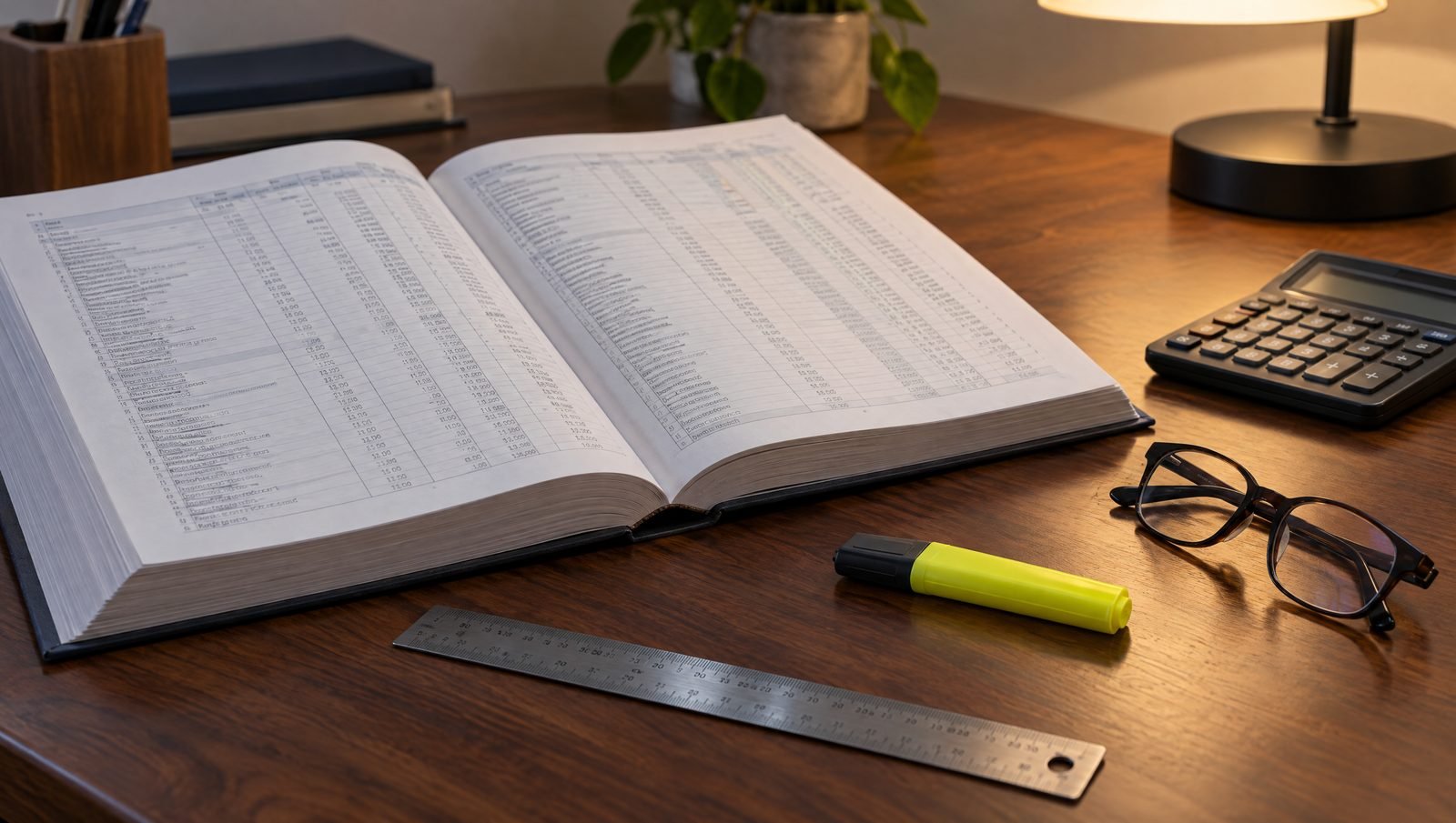 A bill of quantities open on a desk with a ruler, a highlighter, a calculator and reading glasses