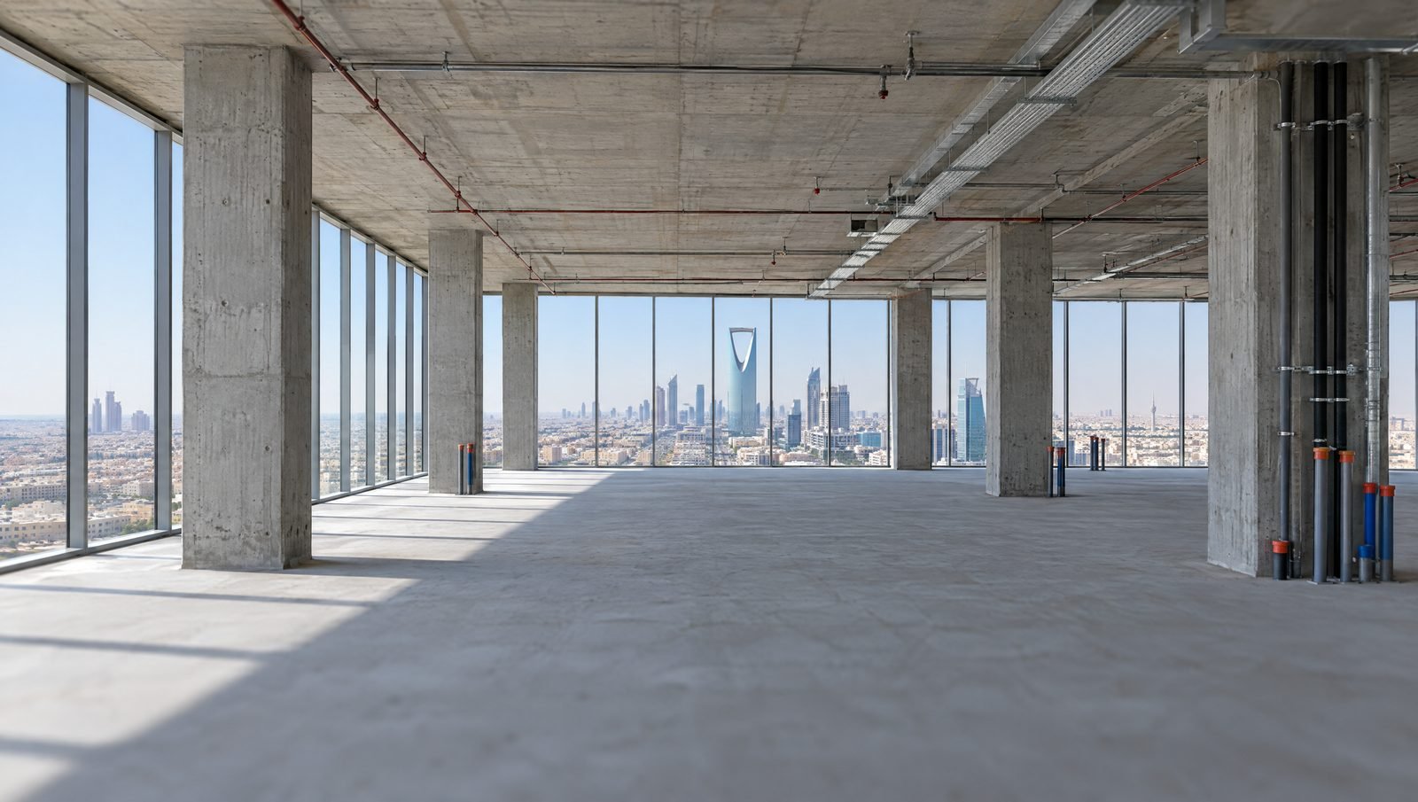 An office floor in shell-and-core state: exposed slab, bare columns, raw screed and full-height glazing