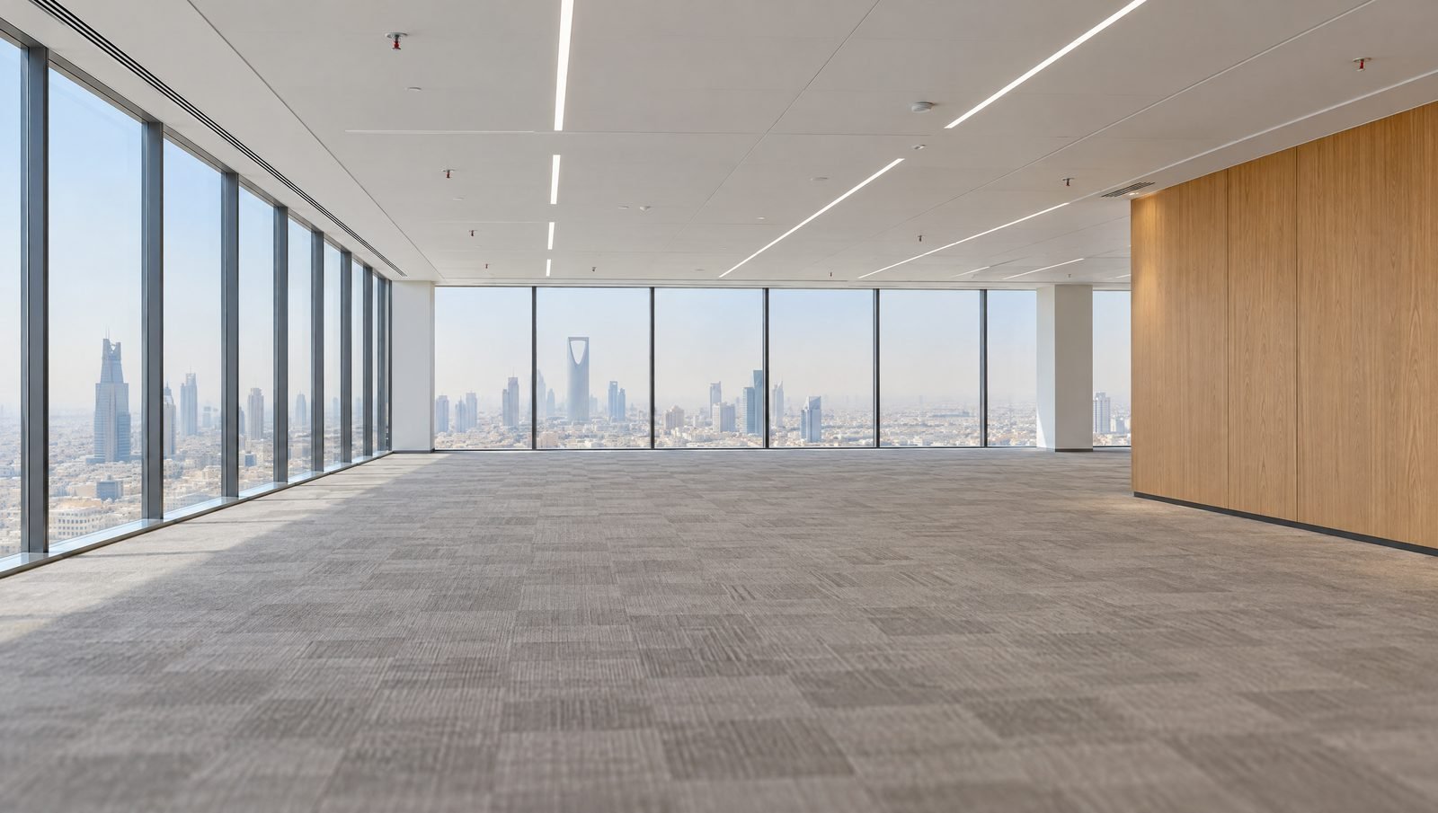 An empty office floor handed over ready to work, with finished ceiling, carpet tiles and full-height glazing
