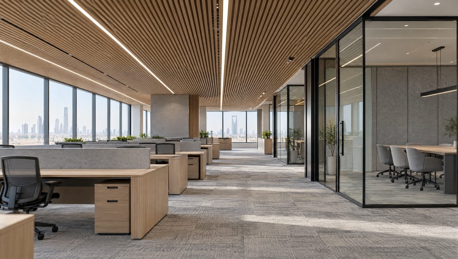 An office floor with an oak slat ceiling, oak workstations and glass meeting rooms in daylight