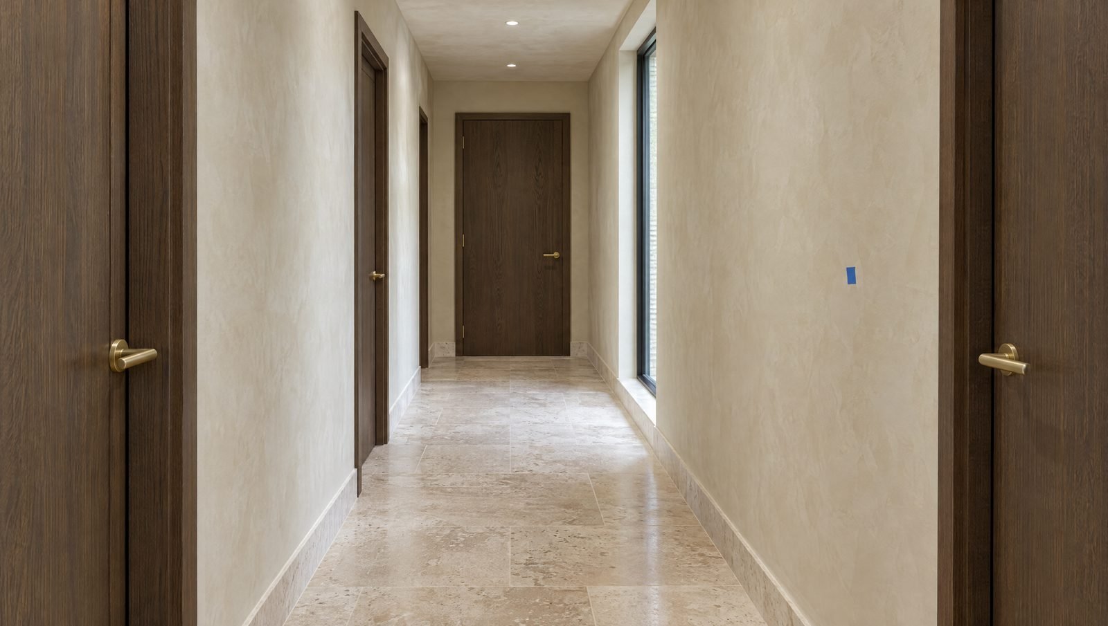 A finished corridor at handover with oak doors, lime-plaster walls and one snag marked in blue tape