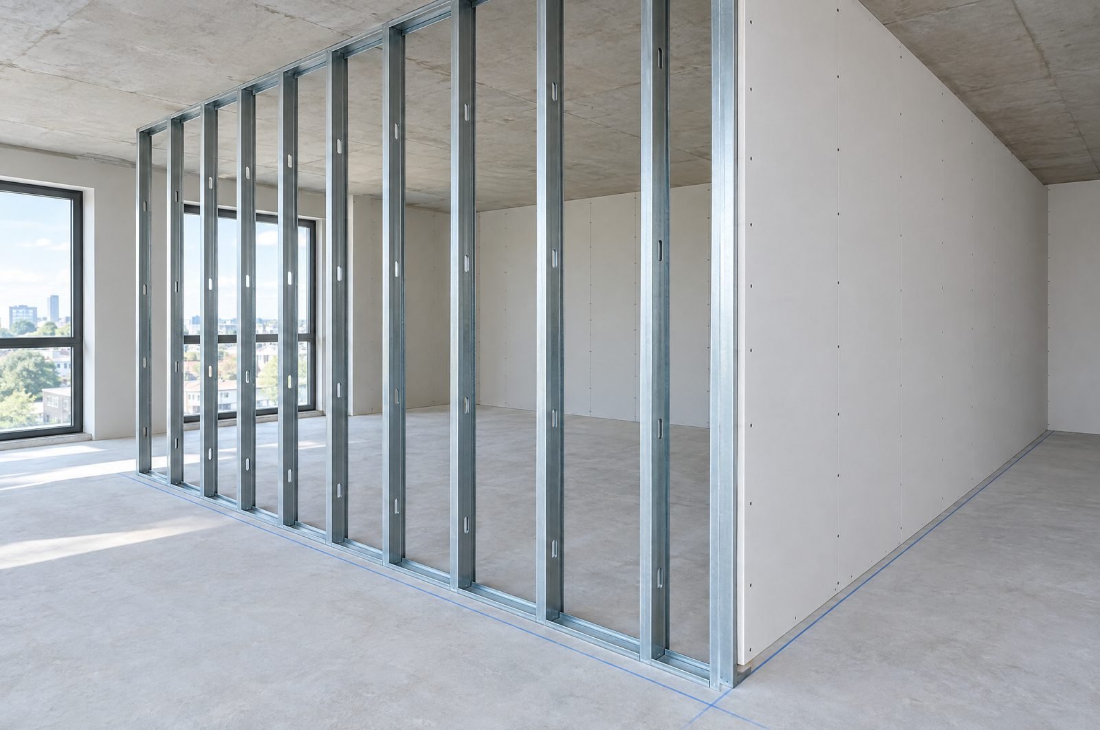 Steel-stud partition framing, one side boarded