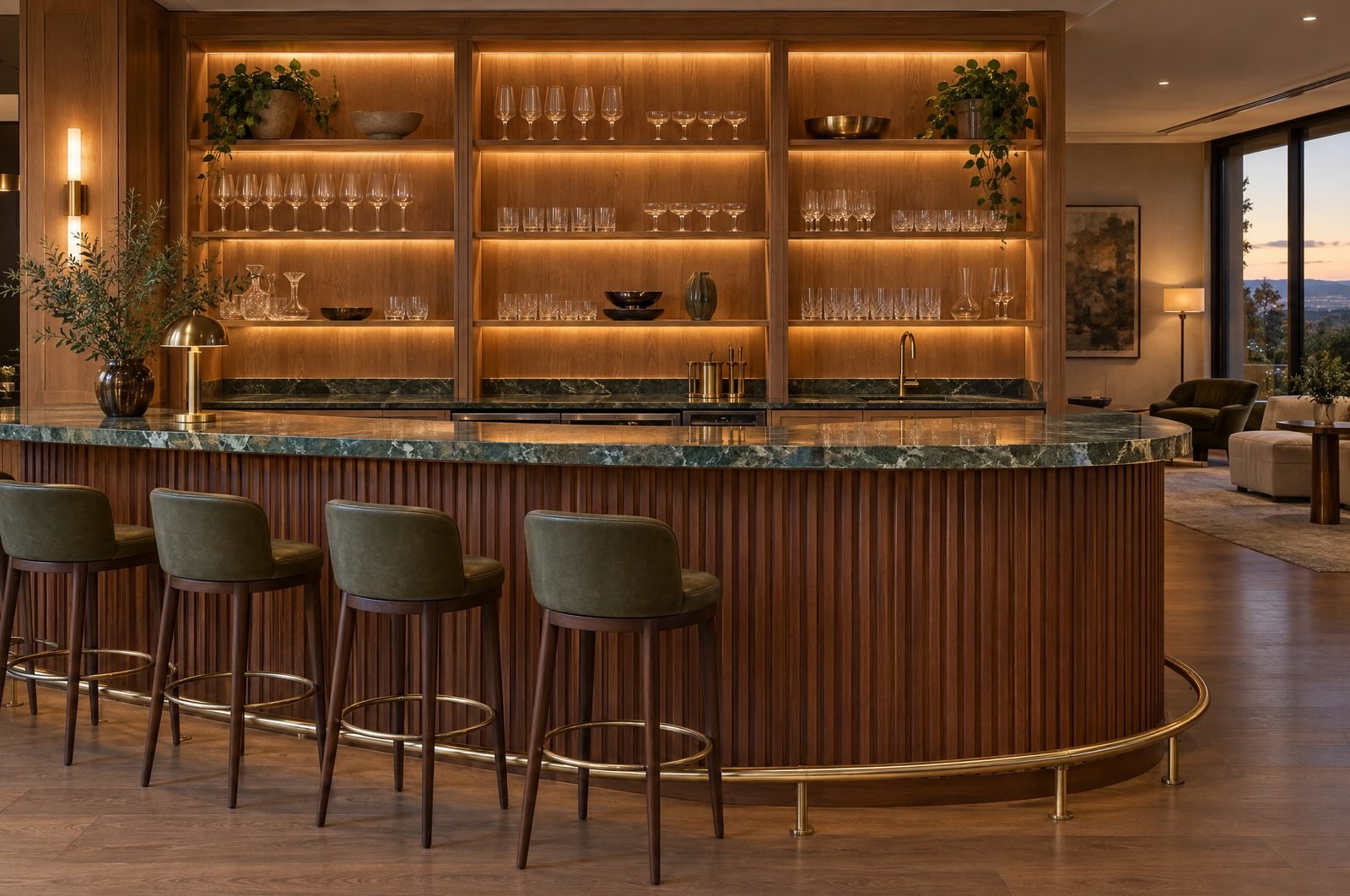 A fluted walnut bar front with backlit oak shelving