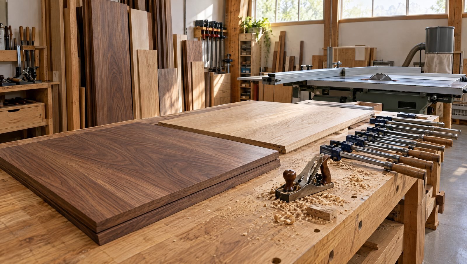 Walnut and oak panels on a joinery workshop bench with clamps and a hand plane